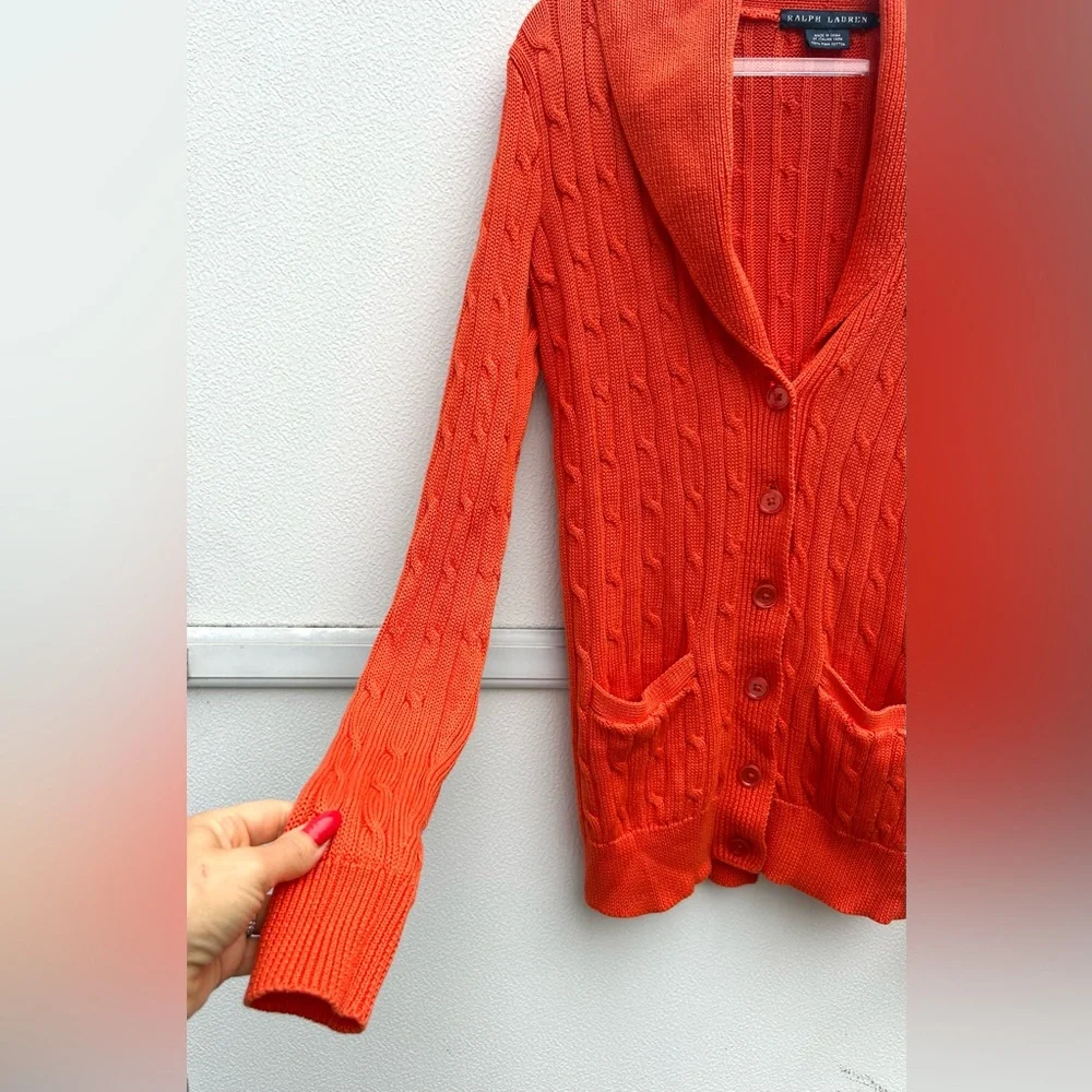 Ralph Lauren Cardigan Sweater Women M Orange Cable Knit 100% Pima Cotton Pockets - Picture 8 of 13
